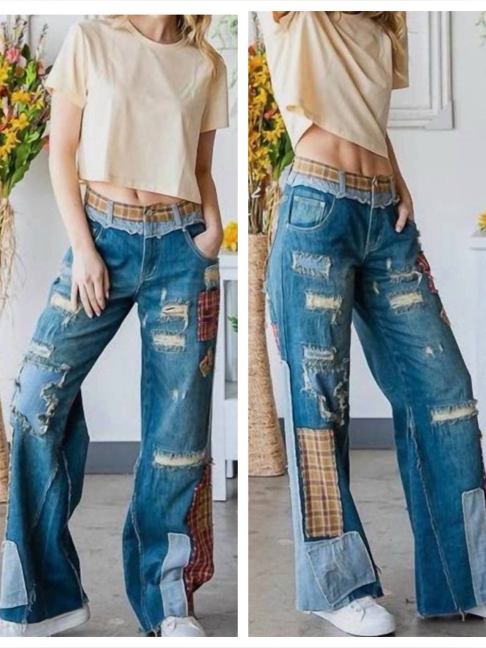 OLI & HALI Patch Detail Wide Straight Leg Jeans